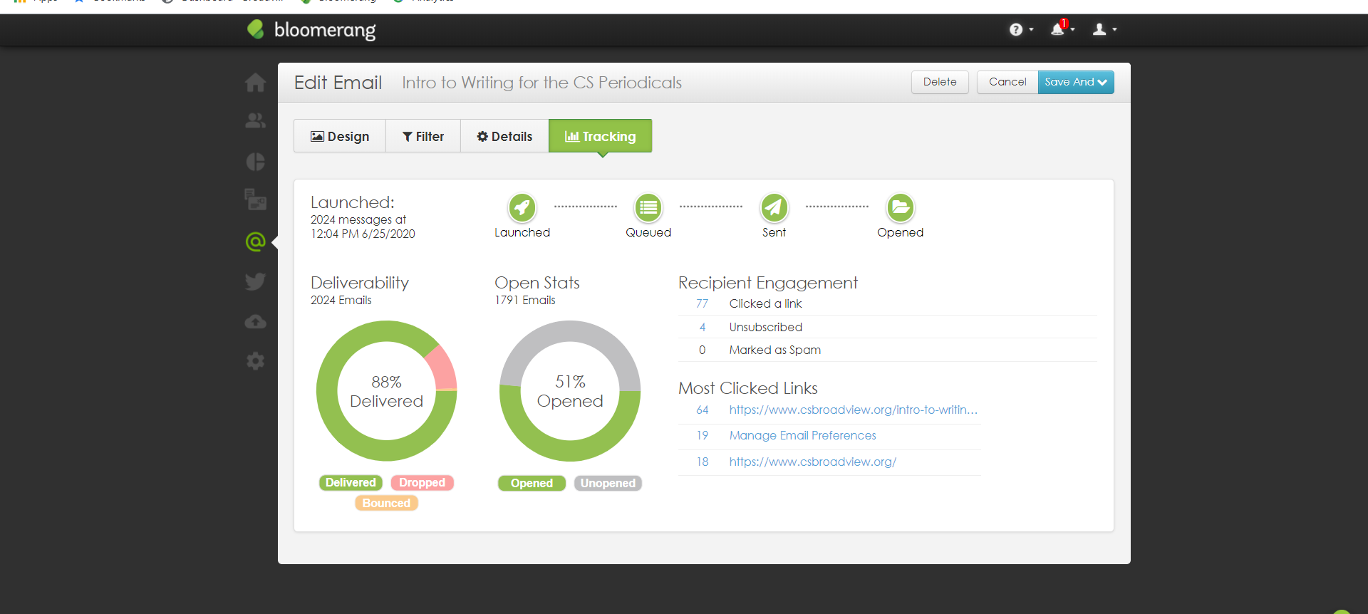 Bloomerang newsletter delivery metrics