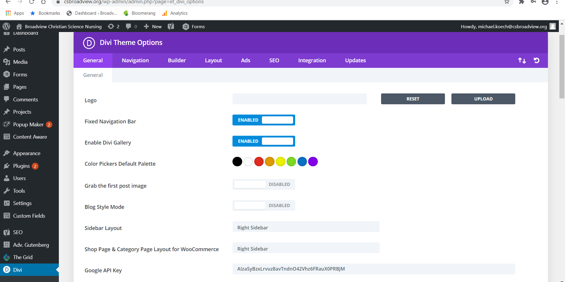 Broadview Wordpress theme builder dashboard